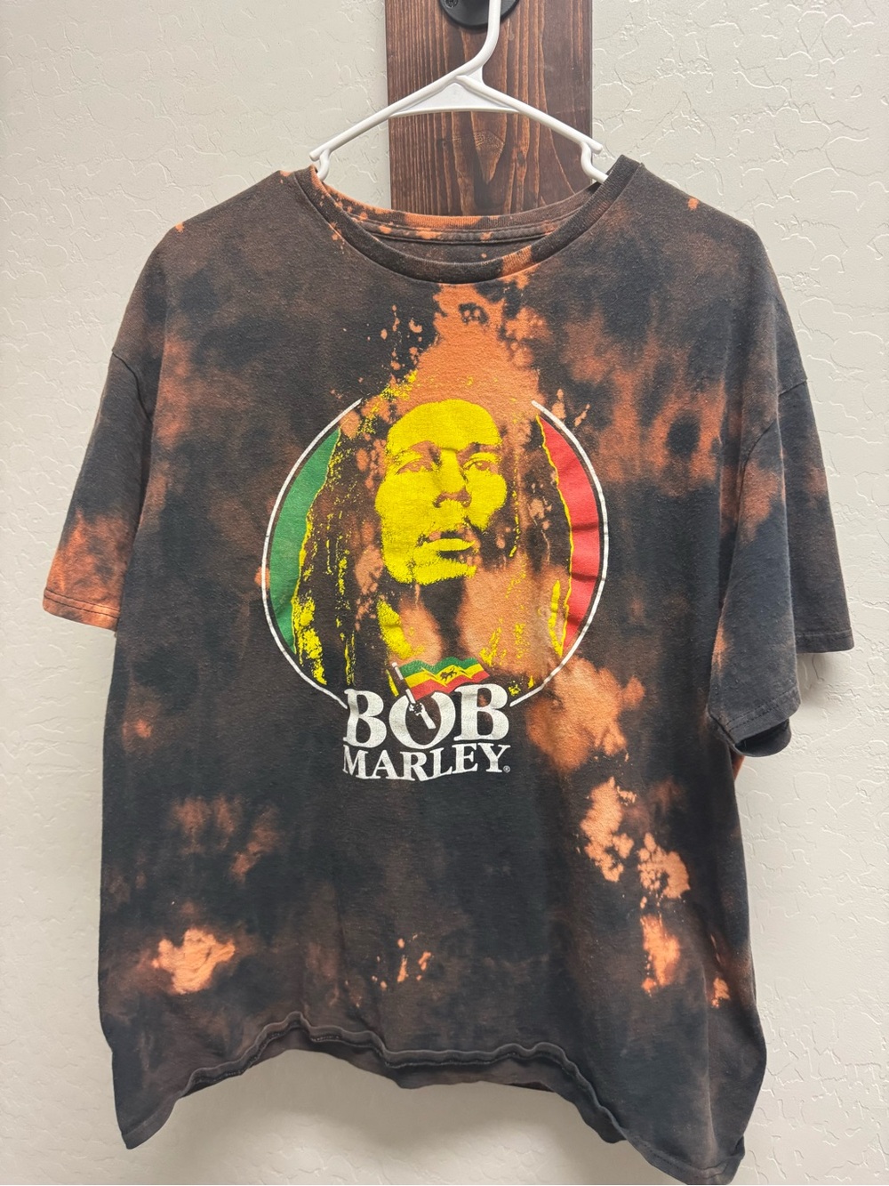 Zion Rootswear Bob Marley Black Tie-Dye Tee with Yellow, Red & Green Print